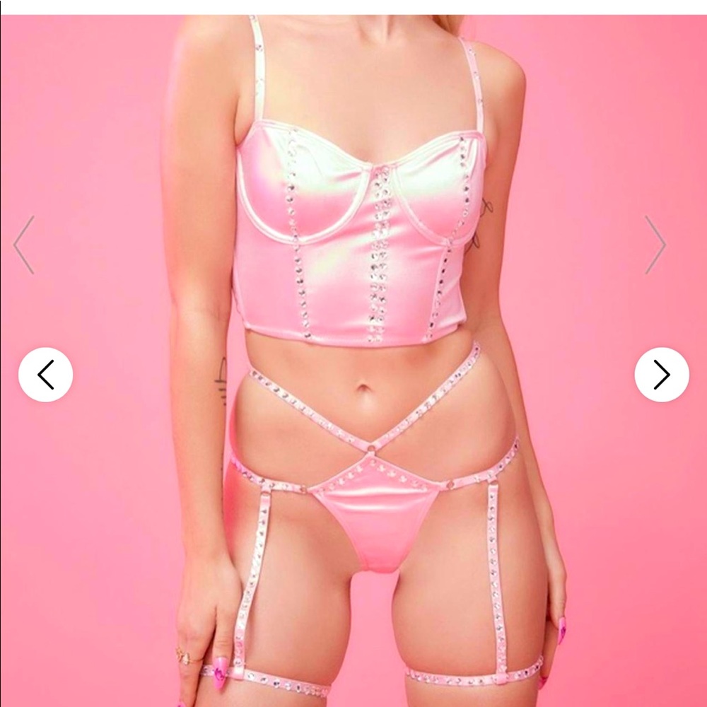 SugarThrillz Dollskill pink satin studded lingerie set-size L